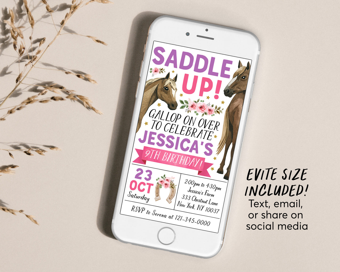 Horse Birthday Invitation Editable Template, Cowgirl Horse Girl Equestrian Party Invite, Saddle Up Farm Floral Wild Horses Rodeo Evite