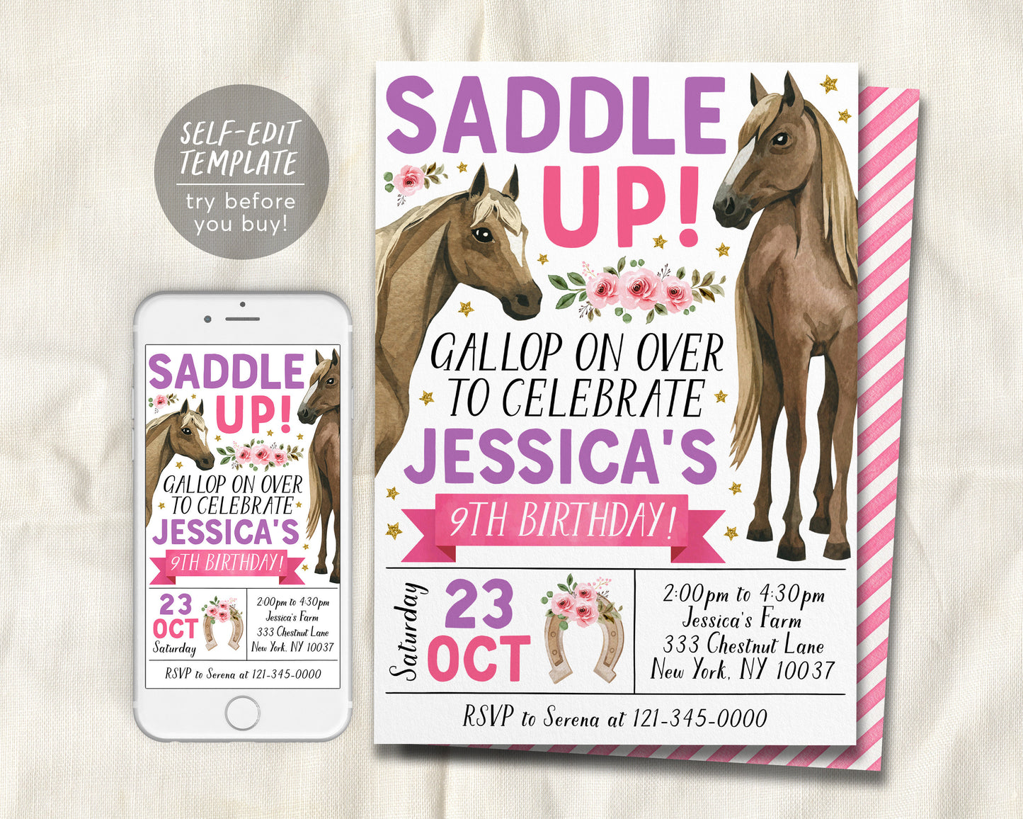 Horse Birthday Invitation Editable Template