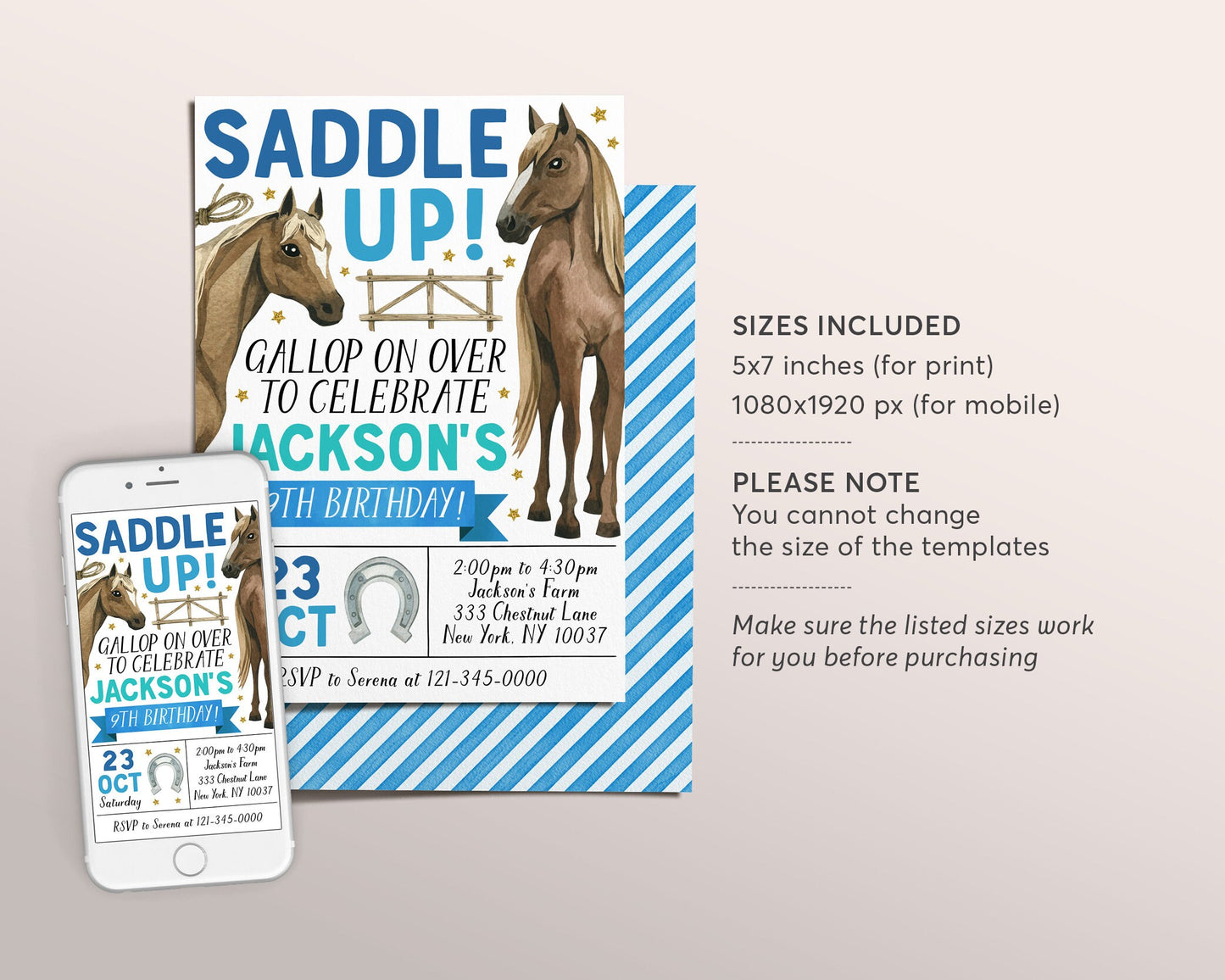 Horse Birthday Invitation Editable Template, Cowboy Horse Boy Equestrian Party Invite, Saddle Up Farm Country Western Rodeo Evite Printable