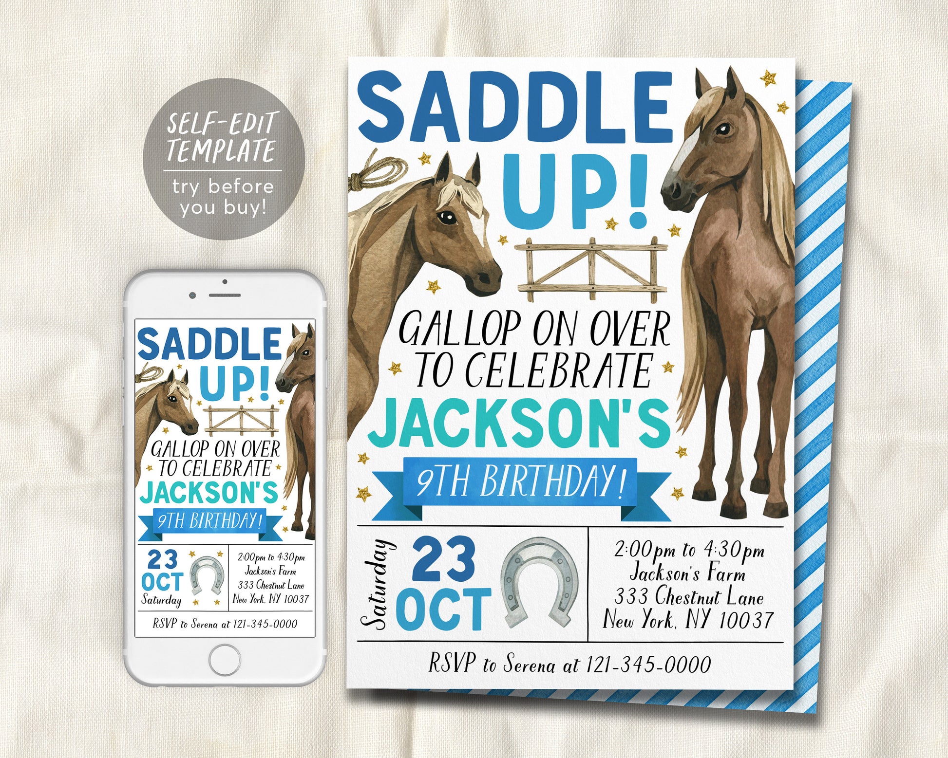 Horse Birthday Invitation Editable Template