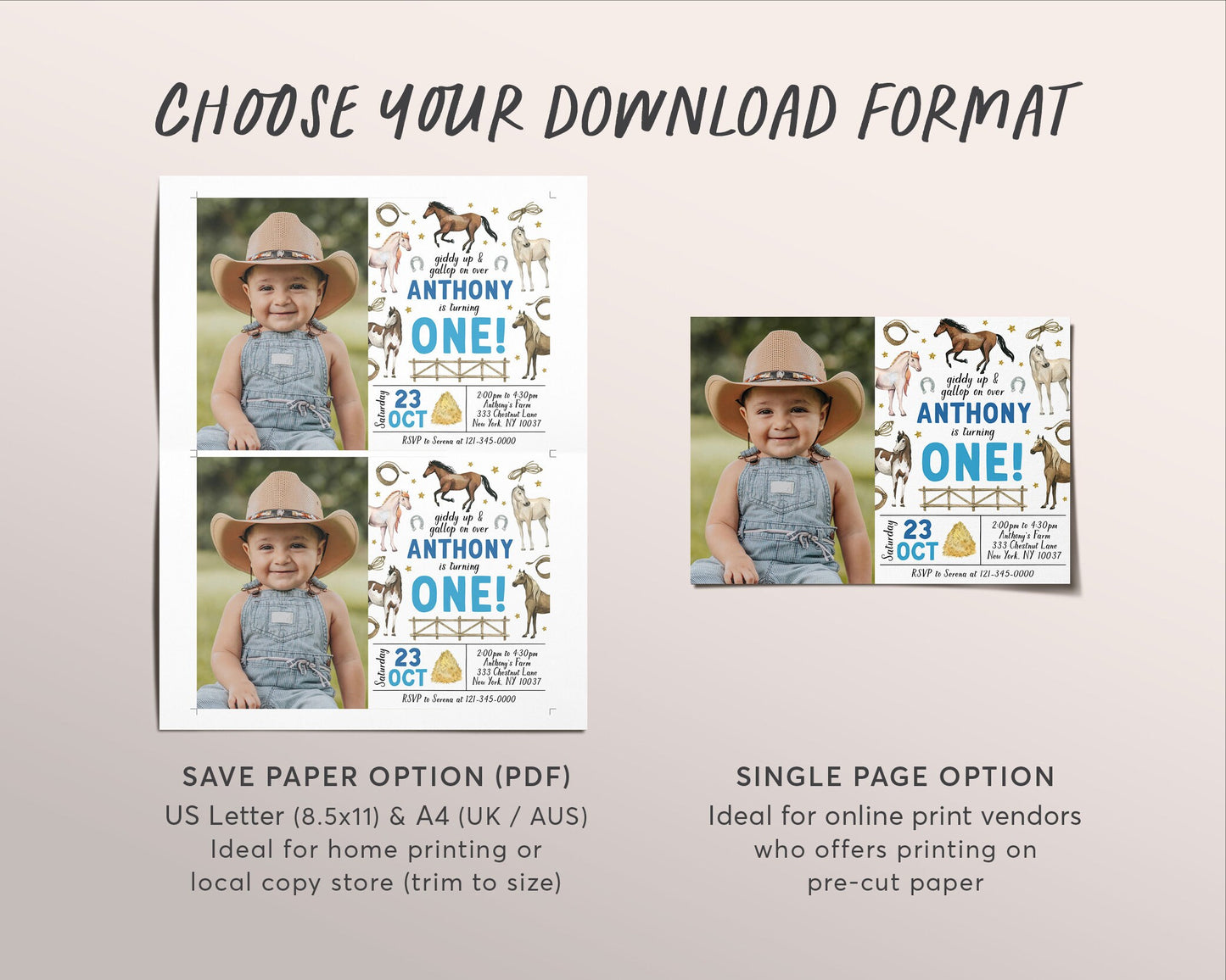 Horse First Birthday Invitation With Photo Editable Template, Cowboy Horse Equestrian Party Invite, Giddy Up Boy Farm First Rodeo Evite