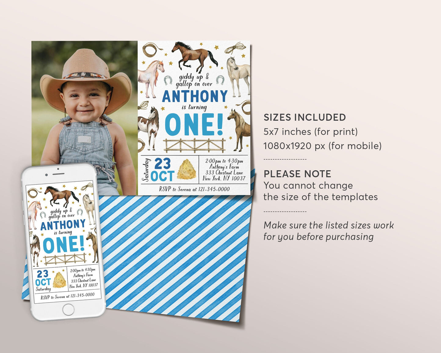 Horse First Birthday Invitation With Photo Editable Template, Cowboy Horse Equestrian Party Invite, Giddy Up Boy Farm First Rodeo Evite
