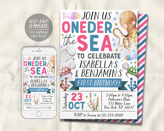 Oneder The Sea Twins First Birthday Invitation Editable Template