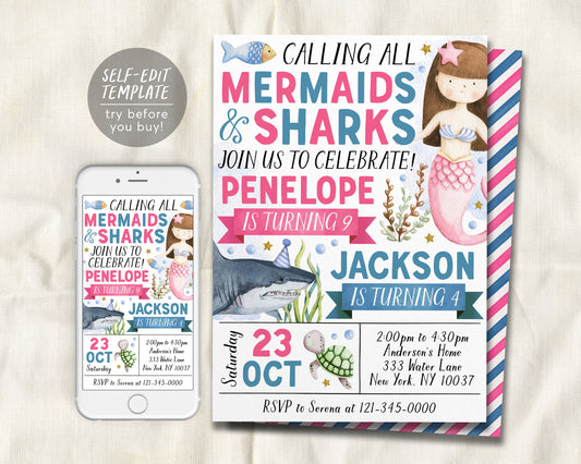 Mermaids and Sharks Joint Siblings Birthday Invitation Editable Template