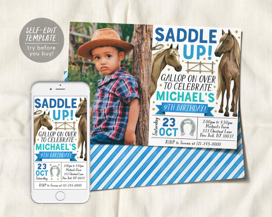 Horse Birthday Invitation With Photo Editable Template