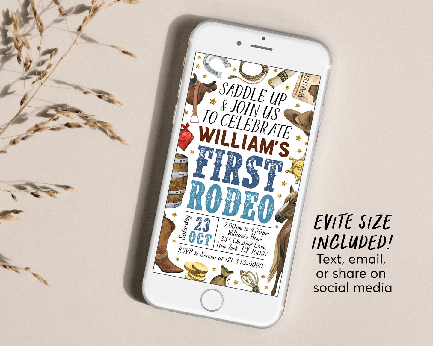 First Rodeo Birthday Invitation Editable Template, Cowboy Wild West Party Invite, Boy 1st Birthday Ranch Southwestern Country Western Evite