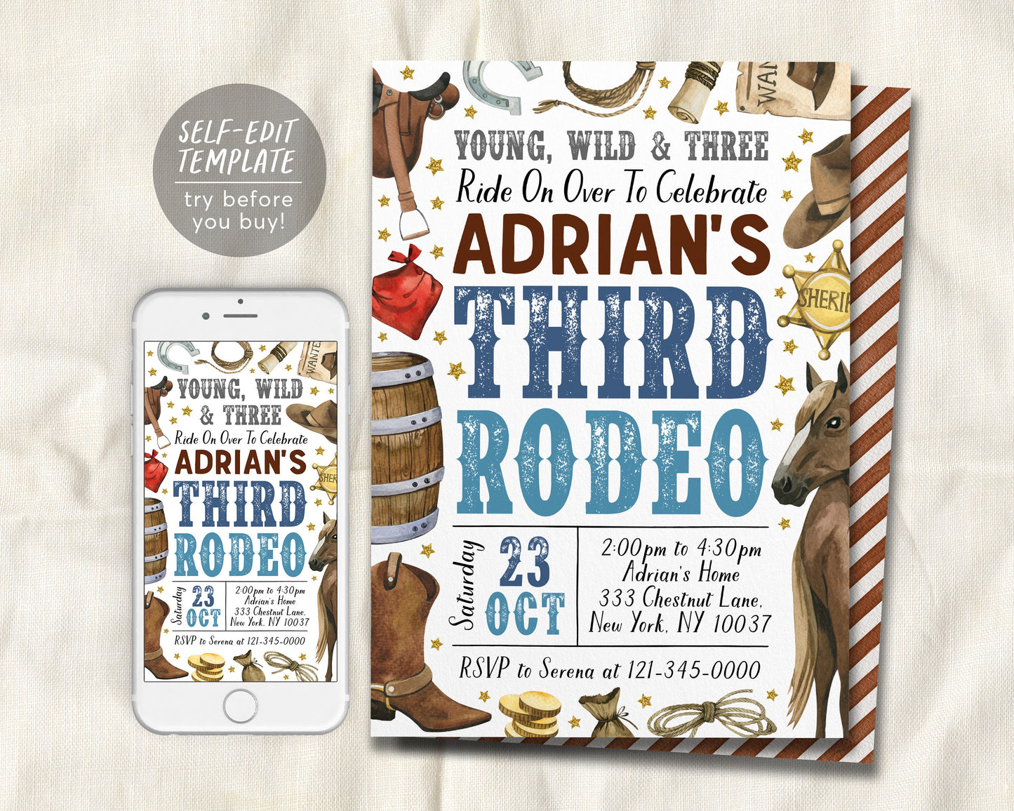 Third Rodeo Birthday Invitation Editable Template