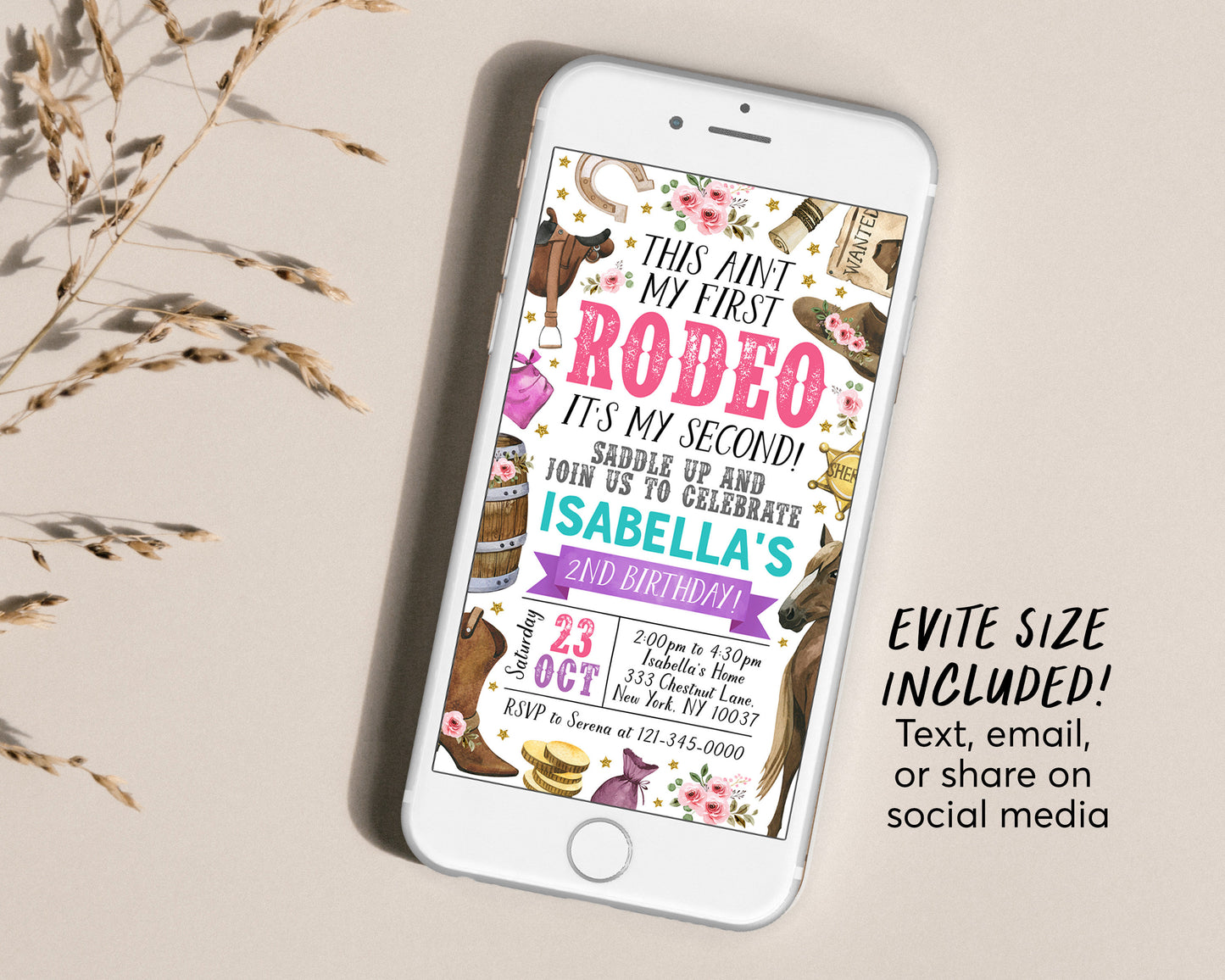 Second Rodeo Birthday Invitation Editable Template, Cowgirl Saddle Up Wild West 2nd Birthday Party Invite, Ranch Southwestern Western Evite