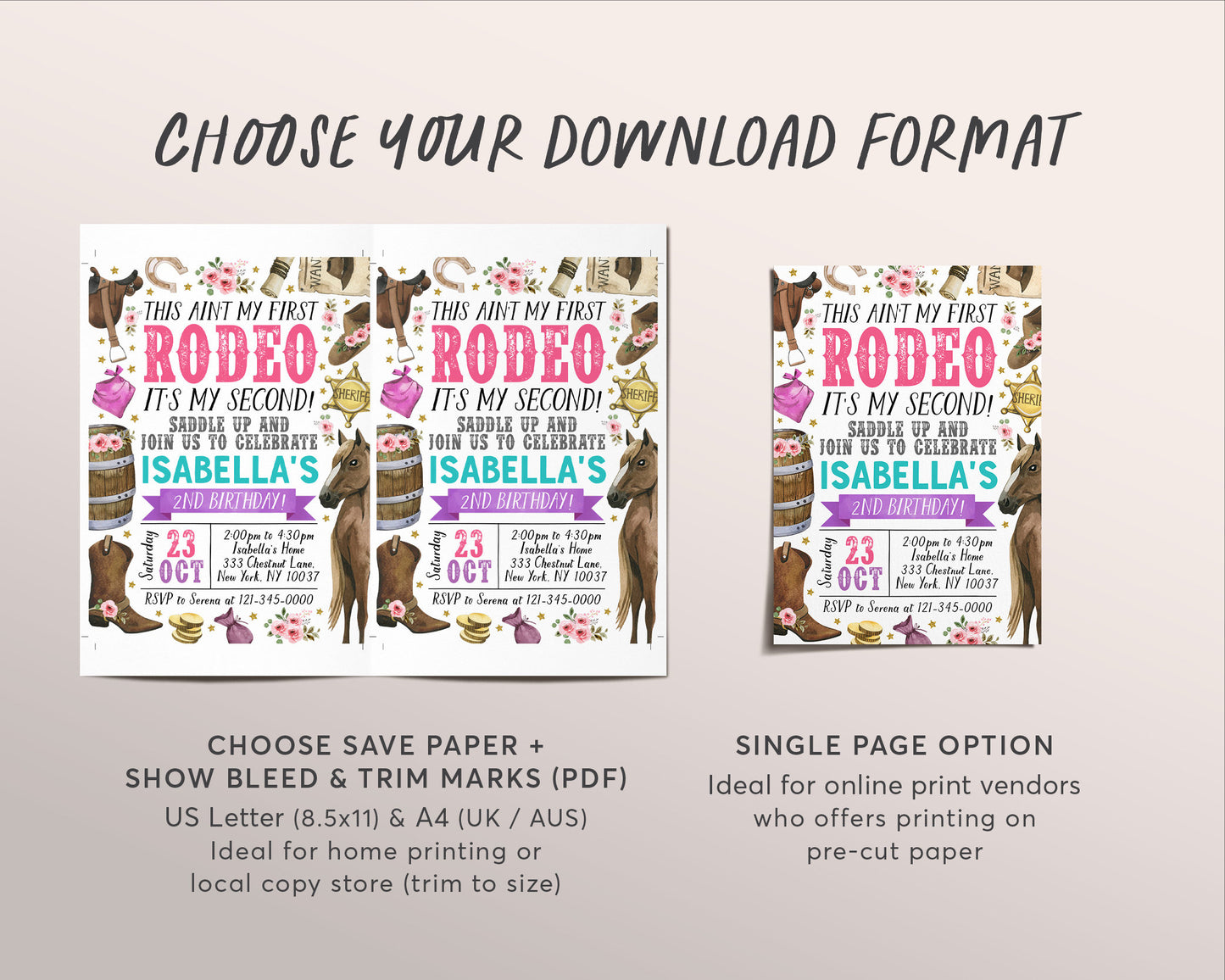 Second Rodeo Birthday Invitation Editable Template, Cowgirl Saddle Up Wild West 2nd Birthday Party Invite, Ranch Southwestern Western Evite