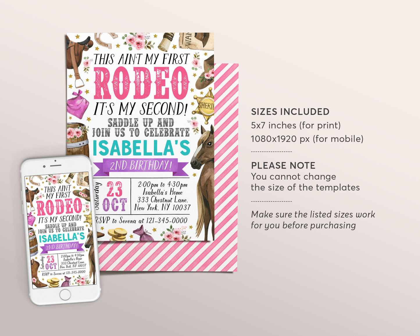 Second Rodeo Birthday Invitation Editable Template, Cowgirl Saddle Up Wild West 2nd Birthday Party Invite, Ranch Southwestern Western Evite