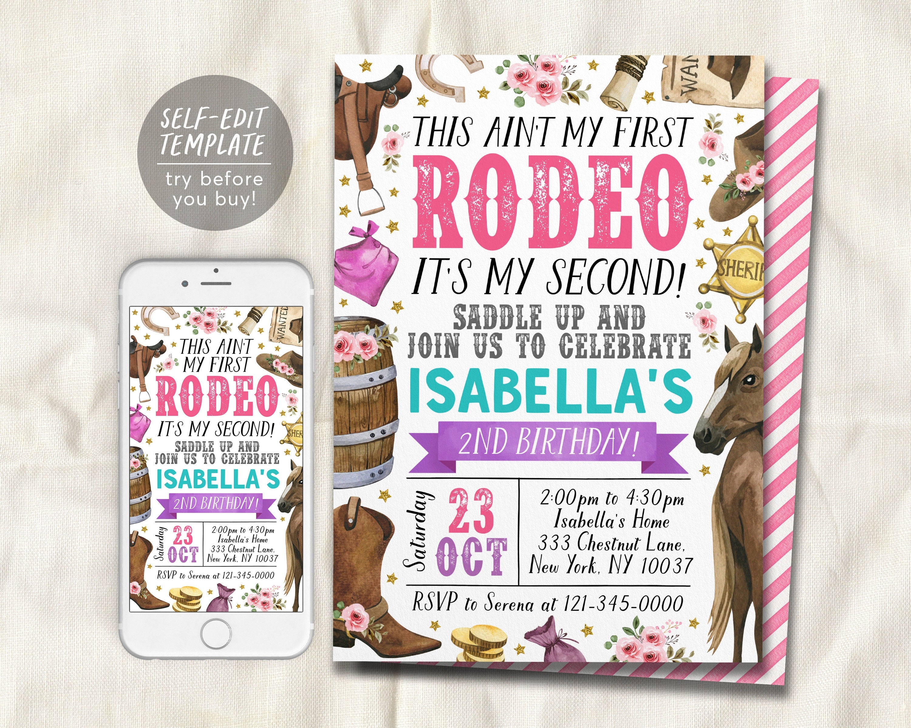 Second Rodeo Birthday Invitation Editable Template, Cowgirl Saddle Up ...