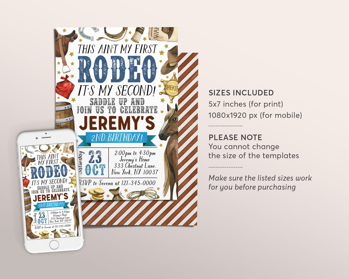 Second Rodeo Birthday Invitation Editable Template, Cowboy Saddle Up Wild West 2nd Birthday Party Invite, Ranch Southwestern Western Evite