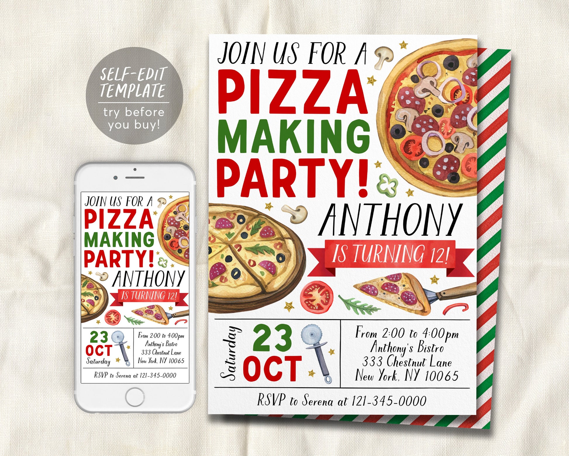 Pizza Making Party Birthday Invitation Editable Template