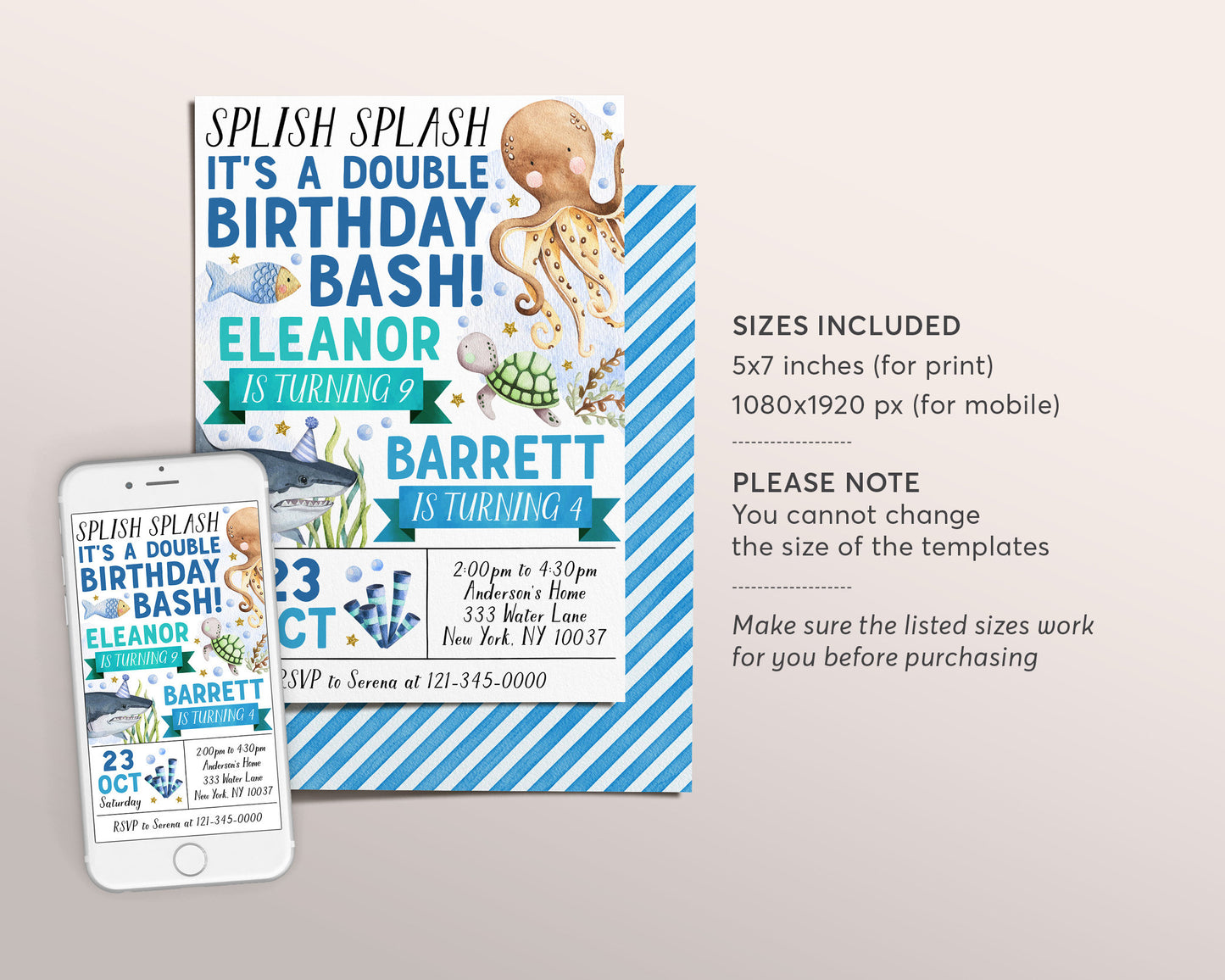 Under The Sea Joint Siblings Birthday Invitation Editable Template, Double Birthday Bash Sea Animals Theme Party Invite, Splash Splash Evite