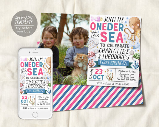 Oneder The Sea Twins First Birthday Invitation With Photo Editable Template