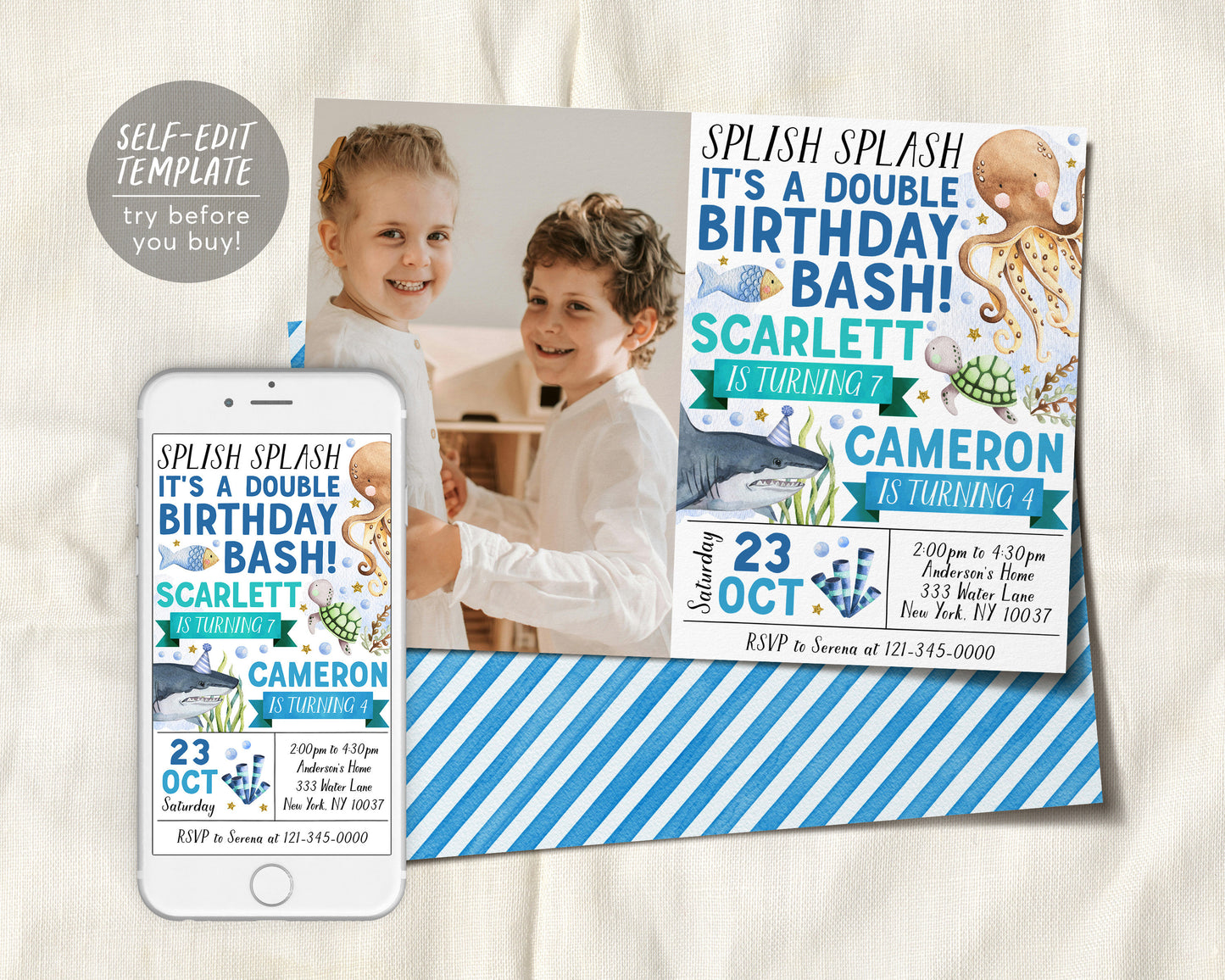 Under The Sea Joint Siblings Birthday Invitation With Photo Editable Template