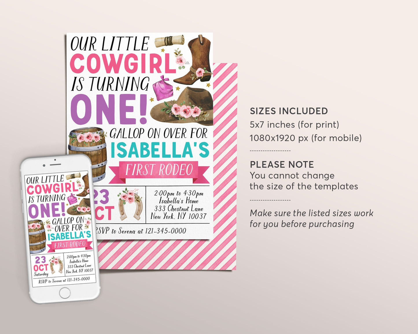 First Rodeo Birthday Invitation Editable Template, Cowgirl 1st Birthday Party Invite, Girl Floral Ranch Southwestern Country Western Evite