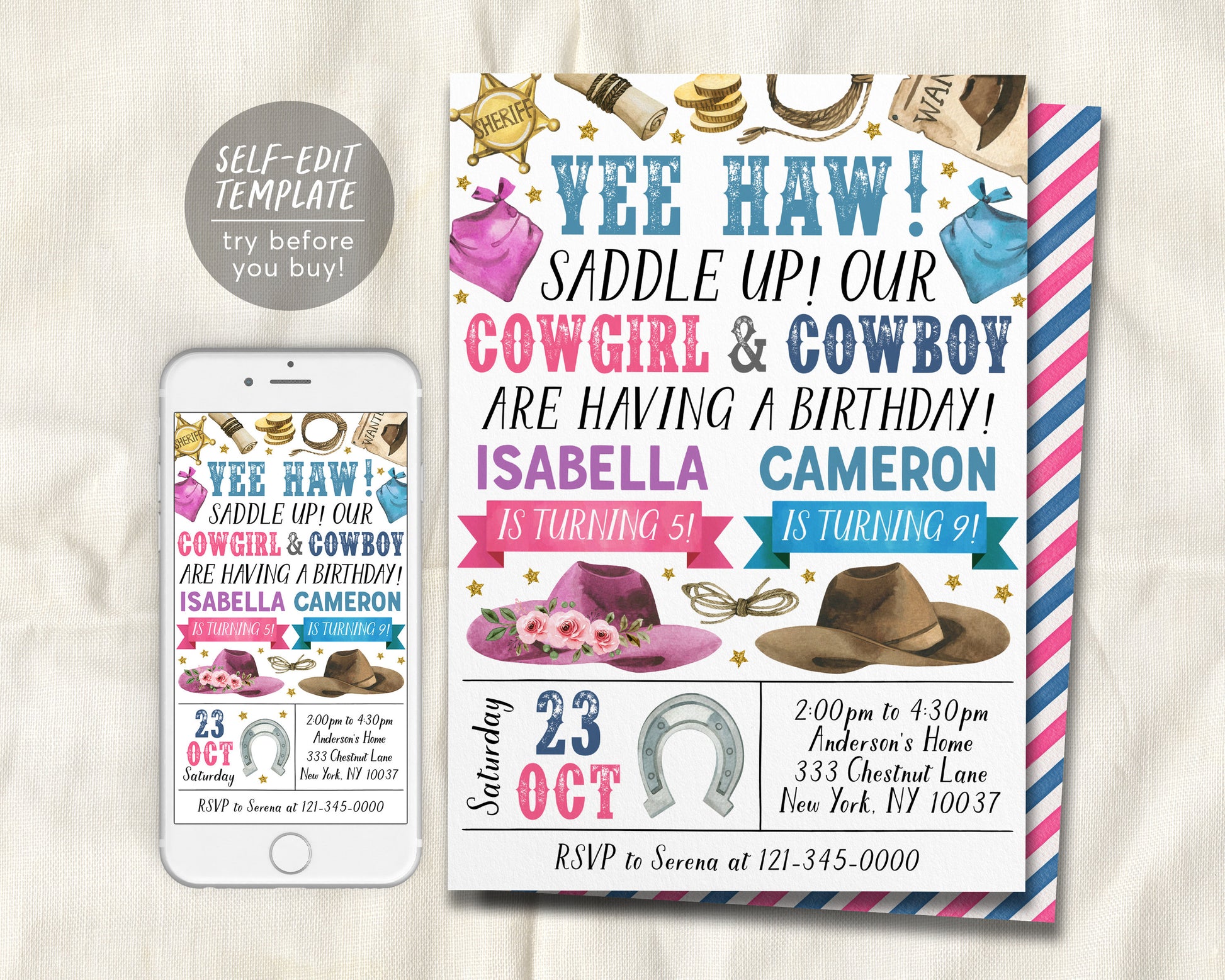 Rodeo Cowboy And Cowgirl Joint Siblings Birthday Invitation Editable Template