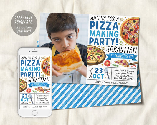 Pizza Making Party Birthday Invitation With Photo Editable Template