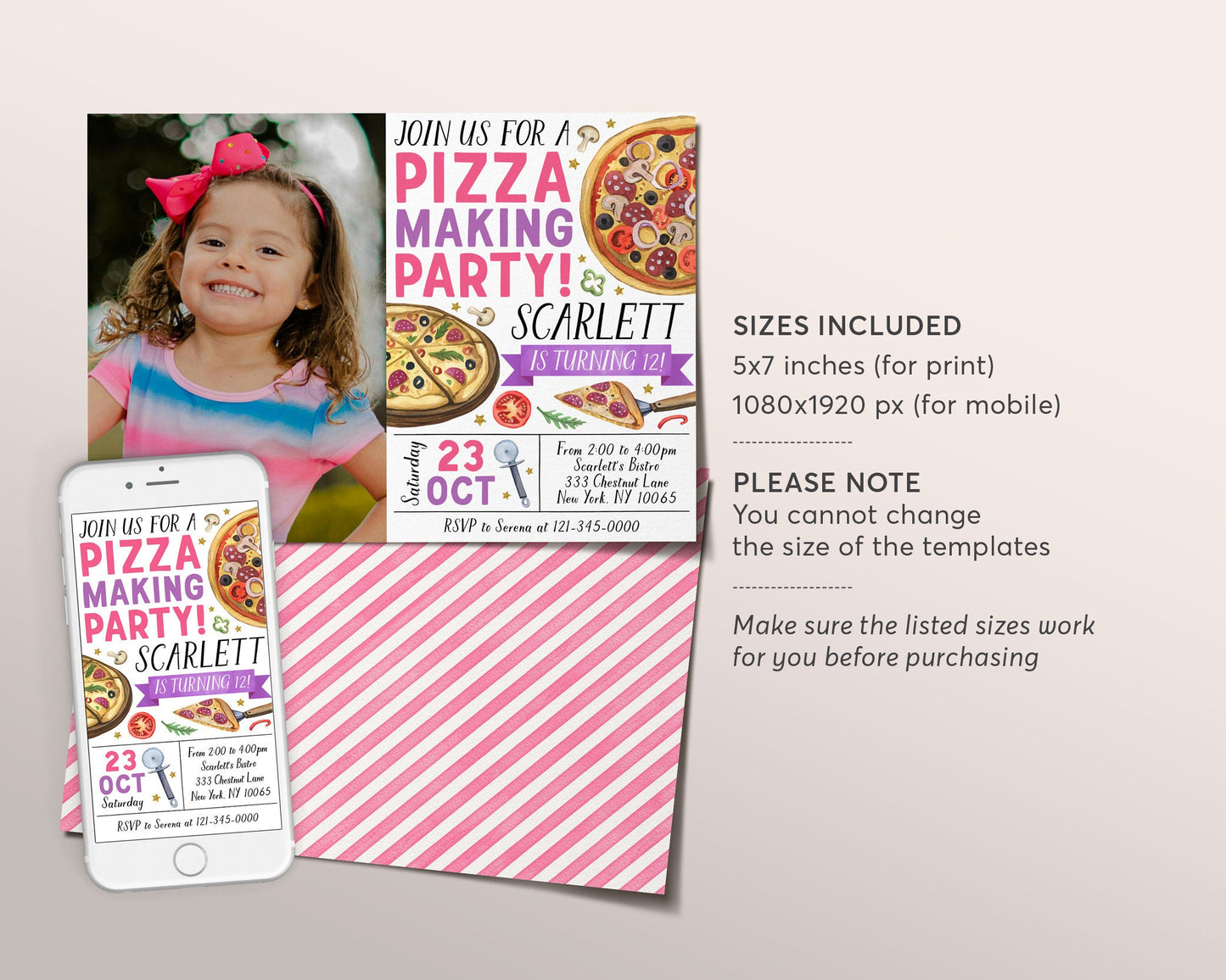 Pizza Making Party Birthday With Photo Invitation Editable Template, Kids Pizza Party Invite, Girl Pizza Party Evite, Slice Of Fun Pizzeria