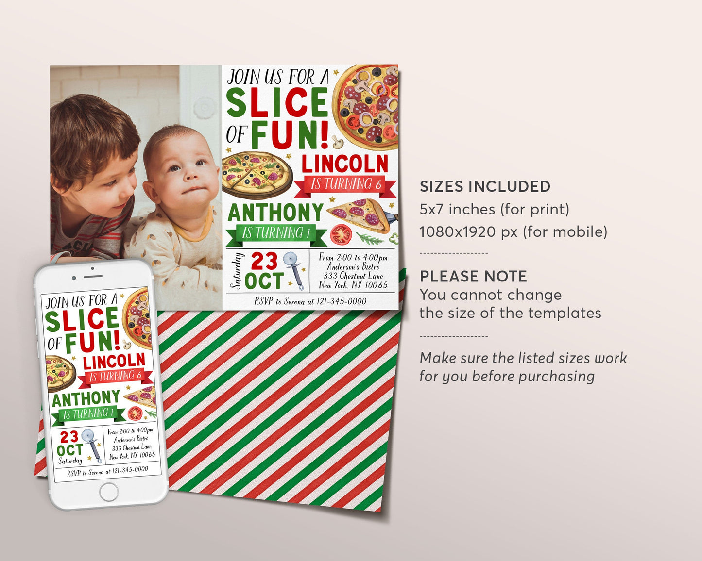 Pizza Party Joint Siblings Birthday Invitation With Photo Editable Template, Kids Twins Pizza Party Invite, Boy And Girl Pizza Making Evite