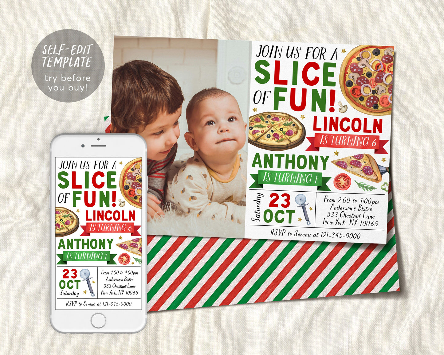 Pizza Party Joint Siblings Birthday Invitation With Photo Editable Template