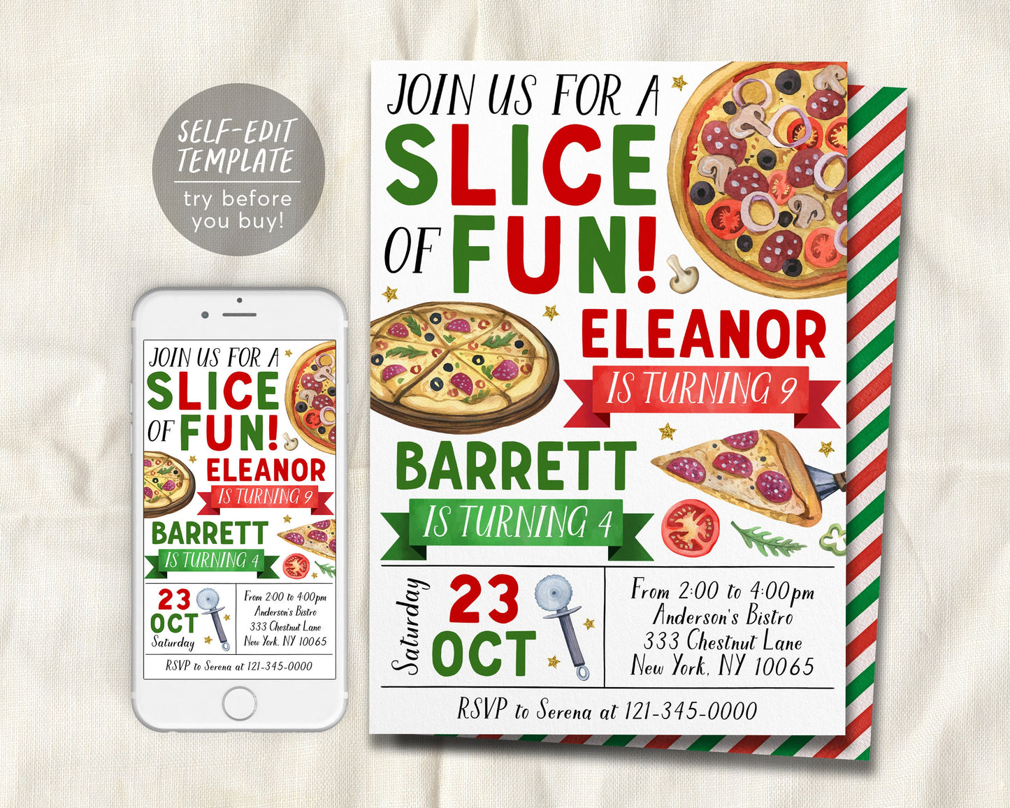 Pizza Party Joint Siblings Birthday Invitation Editable Template