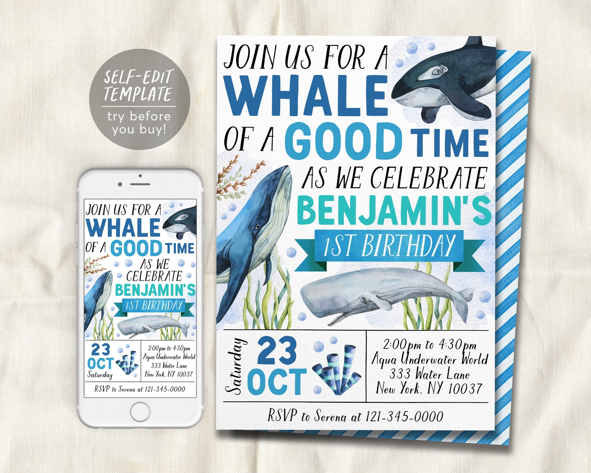 Whale Birthday Invitation Editable Template