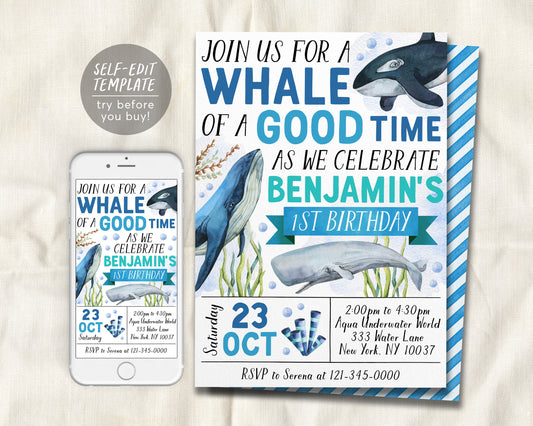 Whale Birthday Invitation Editable Template