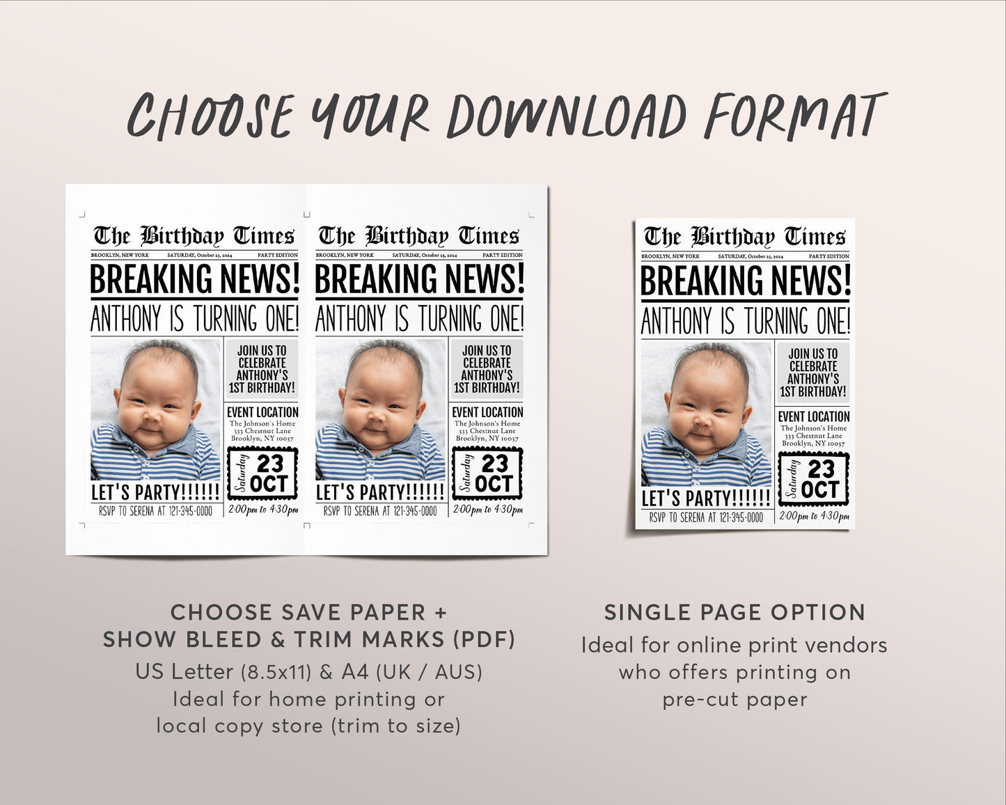 First Birthday Newspaper Invitation With Photo Editable Template, Mini Milestone 1st Birthday Party Invite Evite, Newspaper Theme Printable