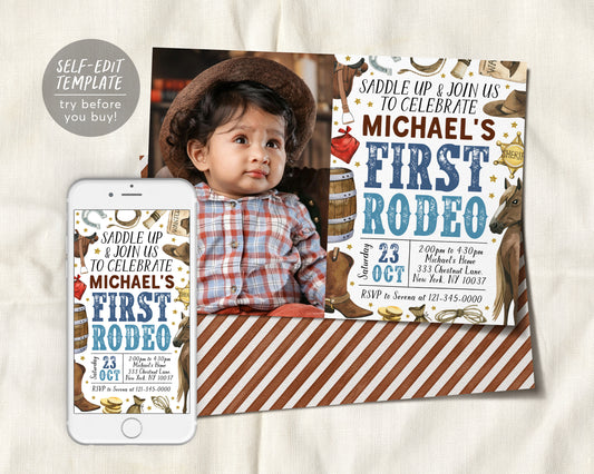 First Rodeo Birthday Invitation With Photo Editable Template