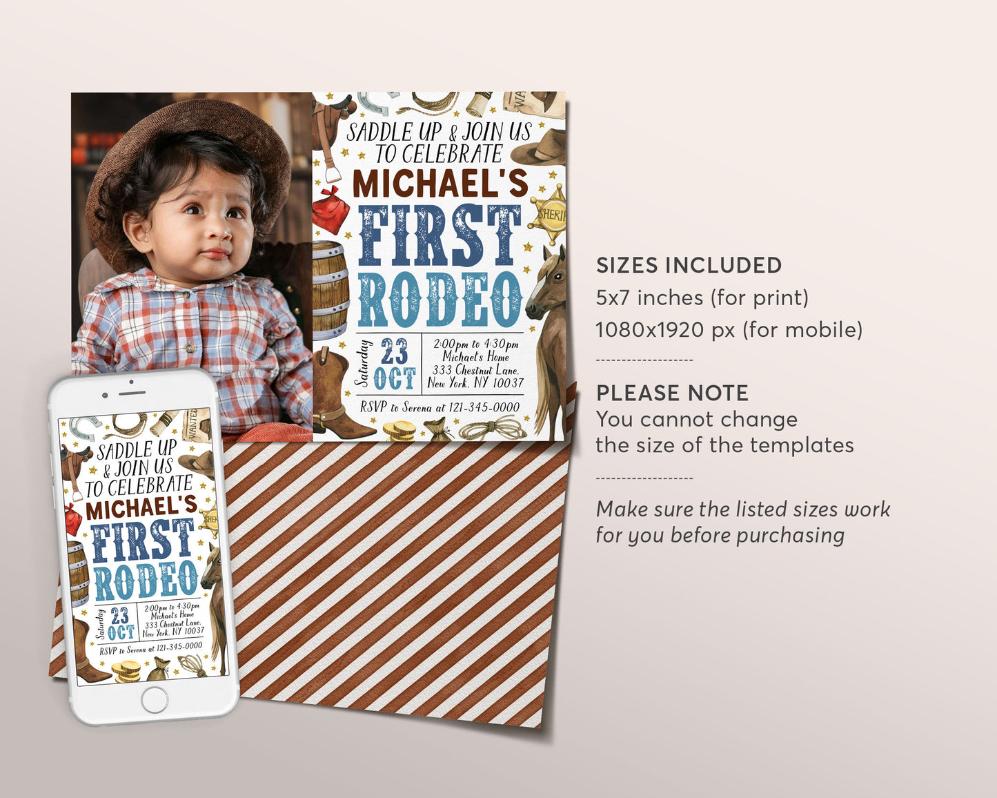 First Rodeo Birthday Invitation With Photo Editable Template, Cowboy Wild West Party Invite, Boy Ranch Southwestern Country Western Evite