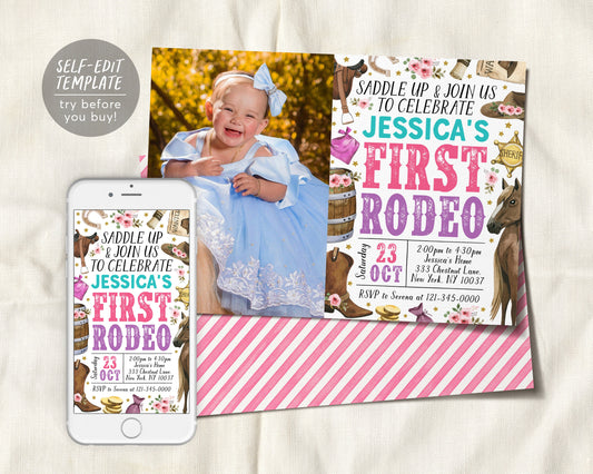 First Rodeo Birthday Invitation With Photo Editable Template