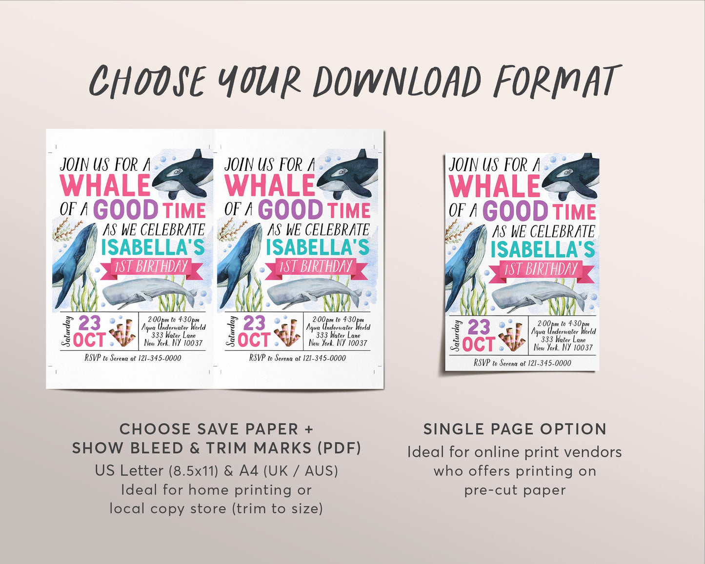 Whale Birthday Invitation Editable Template, Whale of a Good Time Party Invite, Girl Under The Sea Theme Ocean Celebration Pool Party Evite