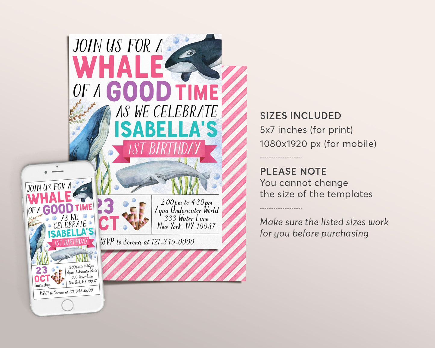 Whale Birthday Invitation Editable Template, Whale of a Good Time Party Invite, Girl Under The Sea Theme Ocean Celebration Pool Party Evite