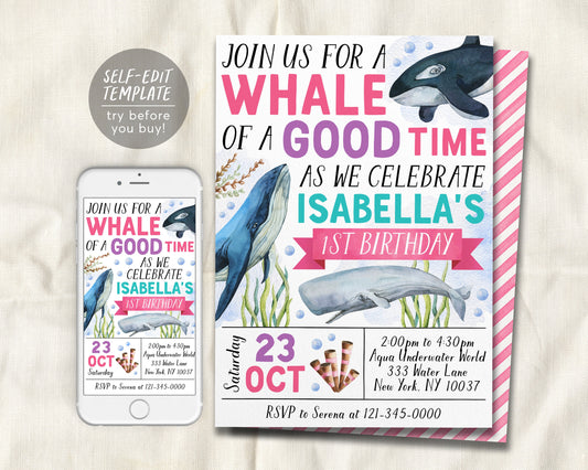 Whale Birthday Invitation Editable Template