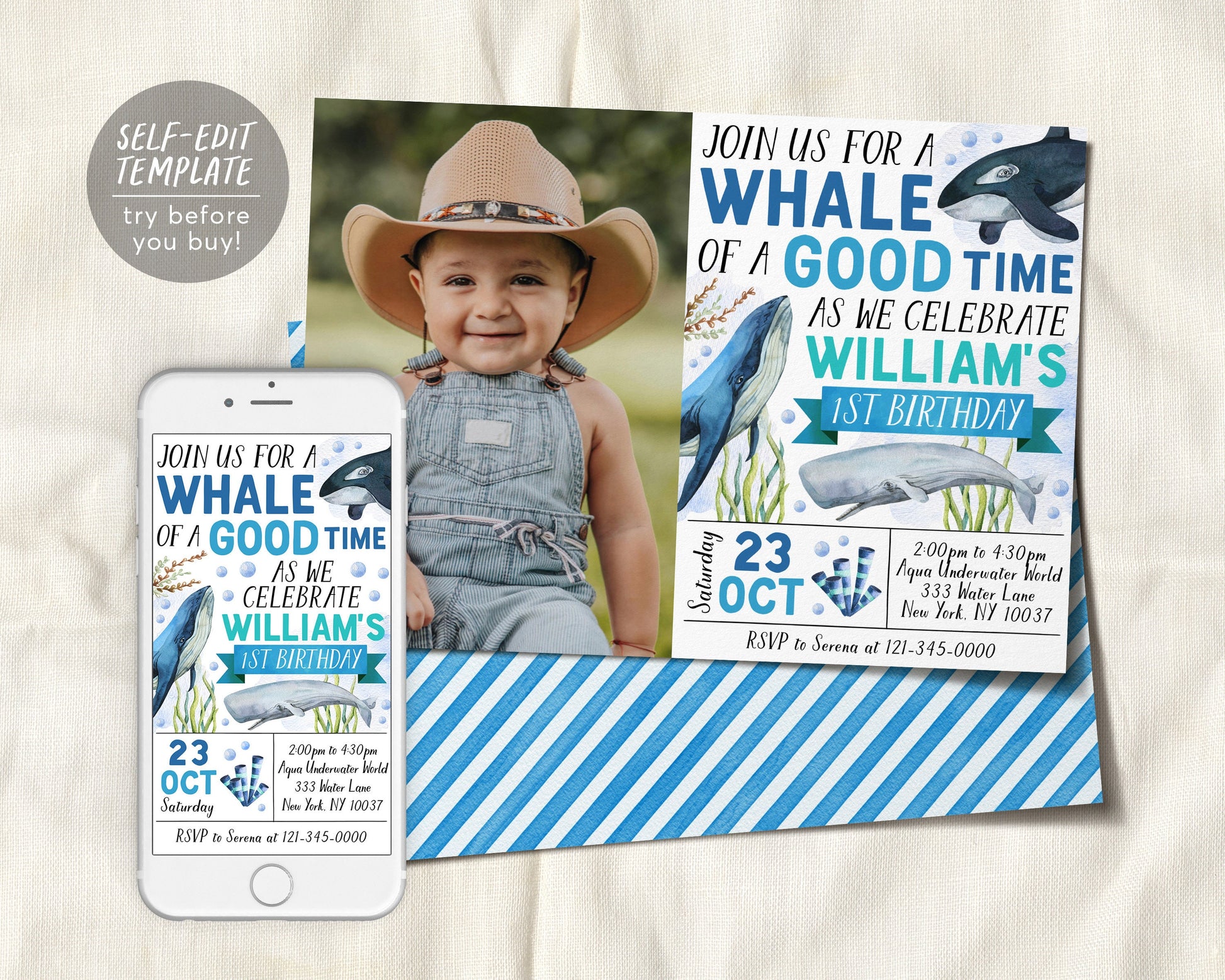 Whale Birthday Invitation With Photo Editable Template