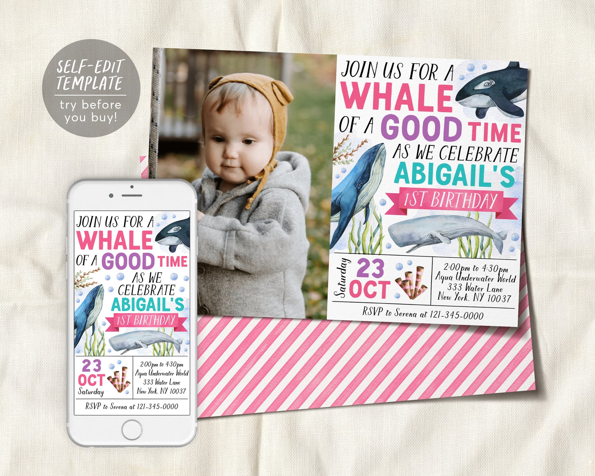 Whale Birthday Invitation With Photo Editable Template