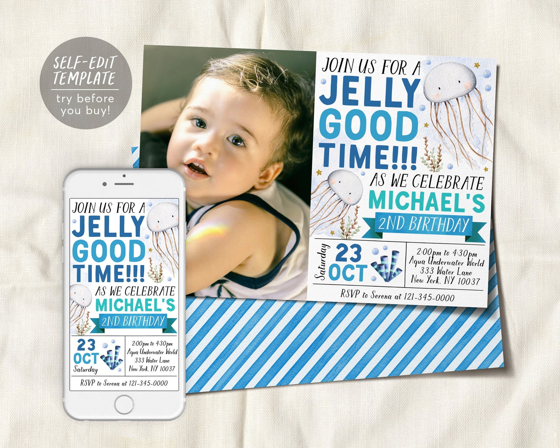 Jellyfish Birthday Invitation With Photo Editable Template