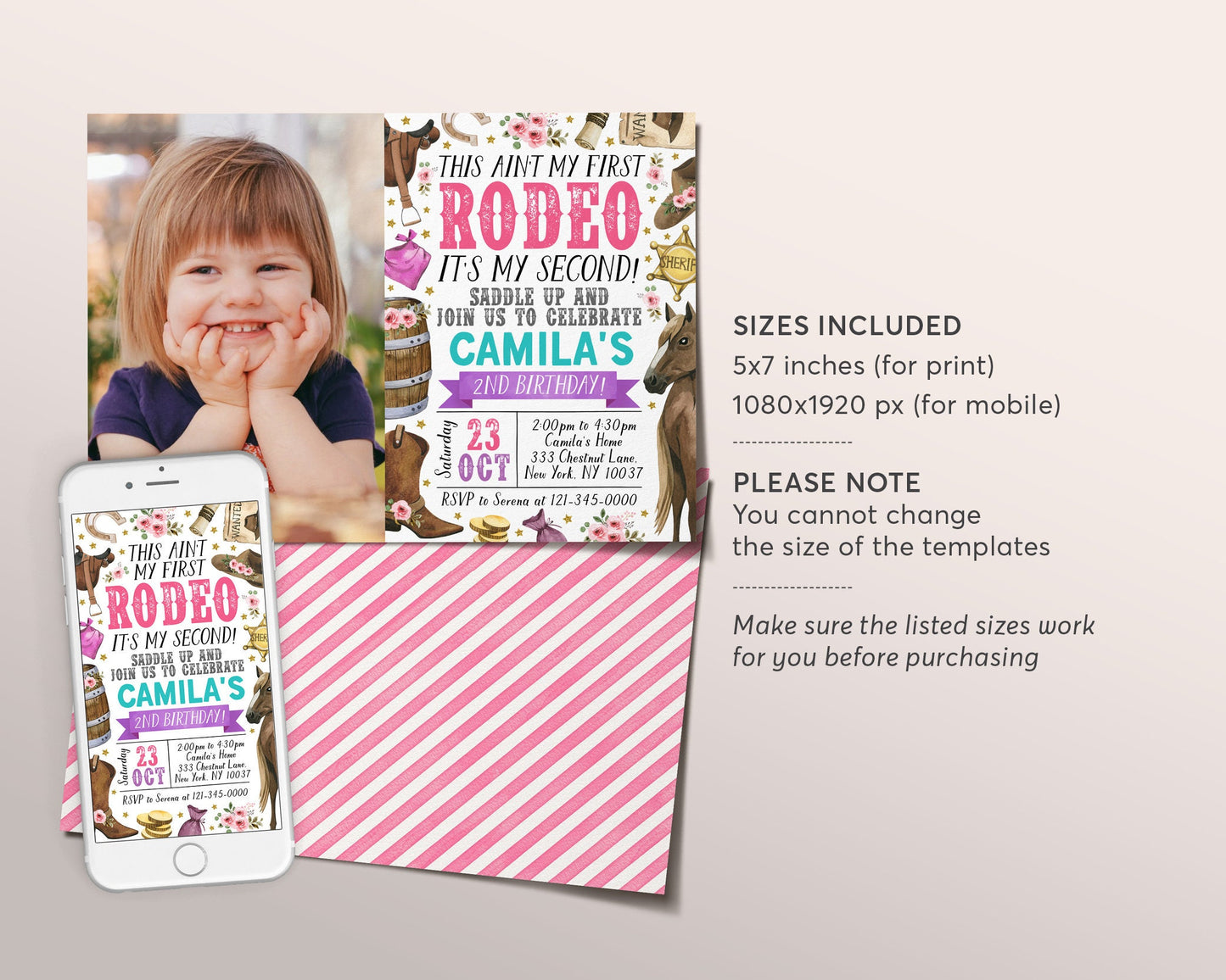 Second Rodeo Birthday Invitation With Photo Editable Template, Cowgirl Saddle Up Wild West 2nd Birthday Party Invite, Ranch Western Evite