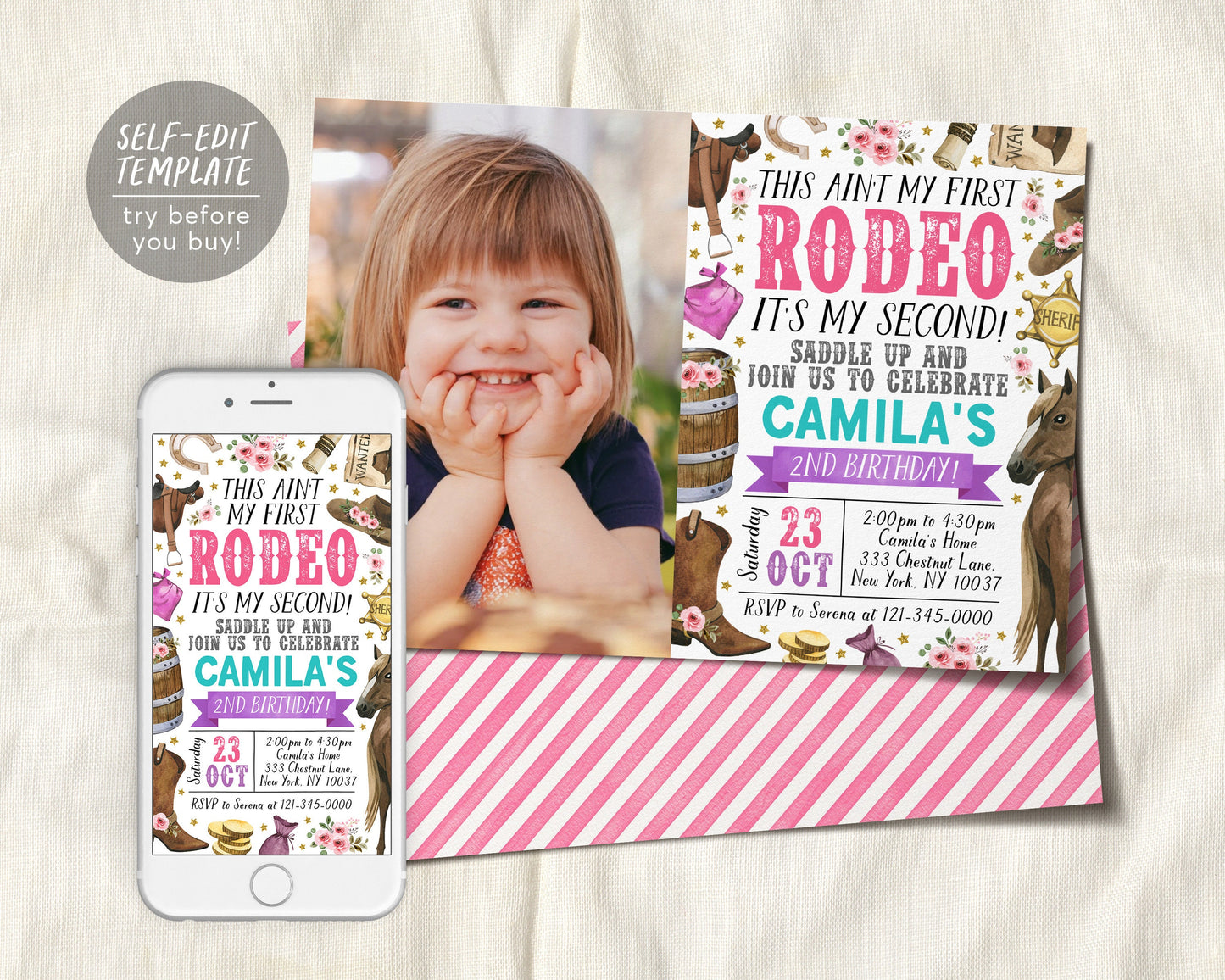 Second Rodeo Birthday Invitation With Photo Editable Template