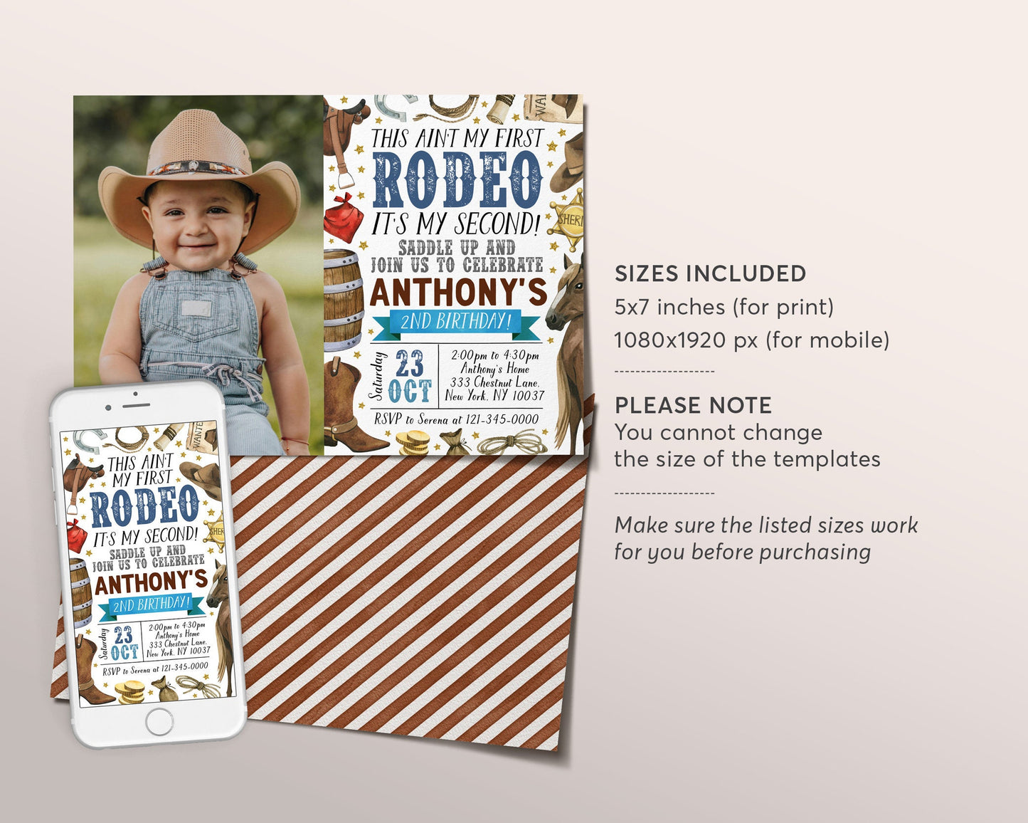 Second Rodeo Birthday Invitation With Photo Editable Template, Cowboy Saddle Up Wild West 2nd Birthday Party Invite, Ranch Western Evite