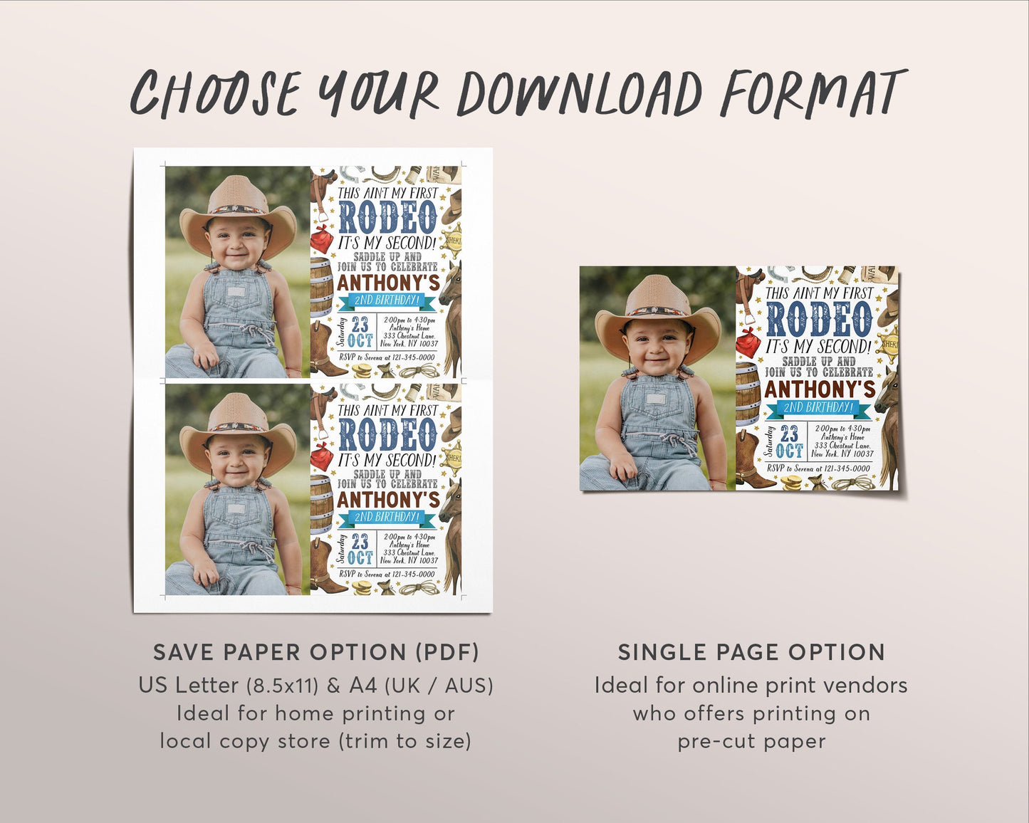 Second Rodeo Birthday Invitation With Photo Editable Template, Cowboy Saddle Up Wild West 2nd Birthday Party Invite, Ranch Western Evite