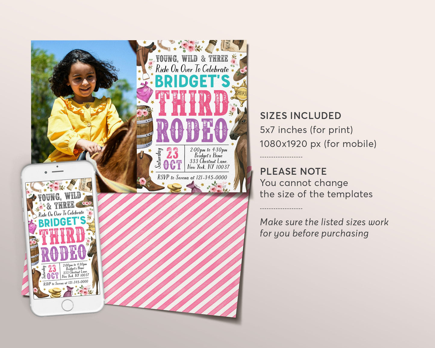 Third Rodeo Birthday Invitation With Photo Editable Template, Cowgirl Young Wild And Three Pink Party Invite, Floral Ranch Western Evite