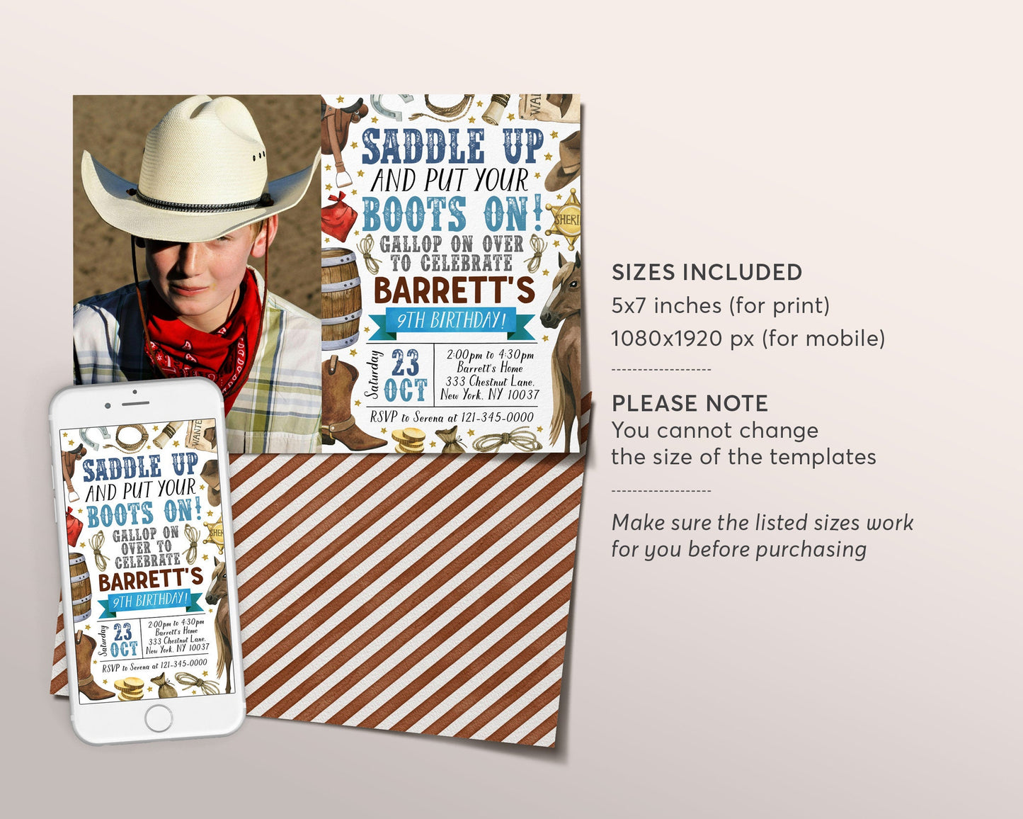 Rodeo Birthday Invitation With Photo Editable Template, Cowboy Country Western Wild West Party Invite, Saddle Up Ranch Southwestern Evite