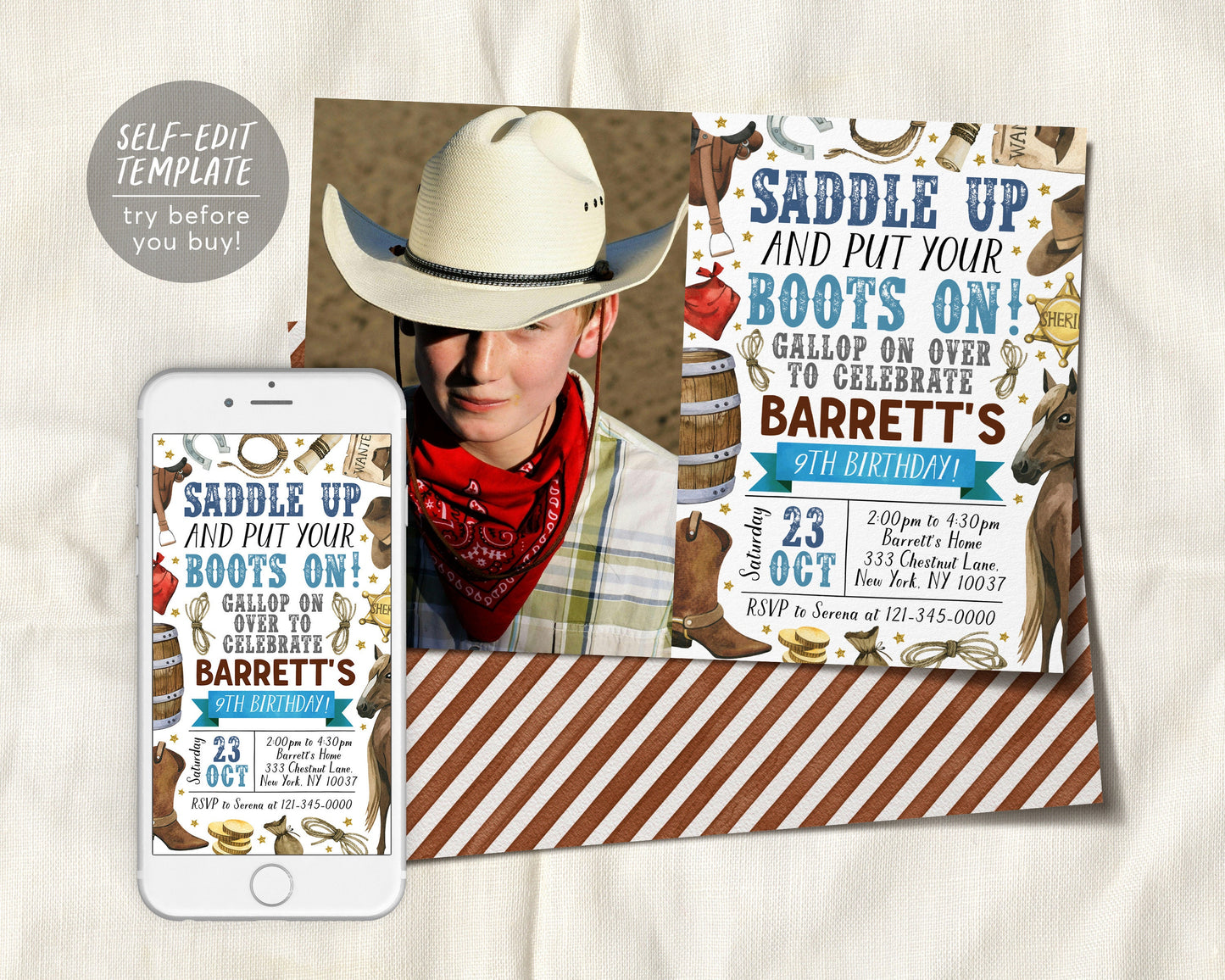 Rodeo Birthday Invitation With Photo Editable Template