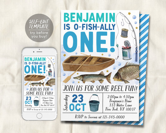 Fishing First Birthday Invitation Editable Template