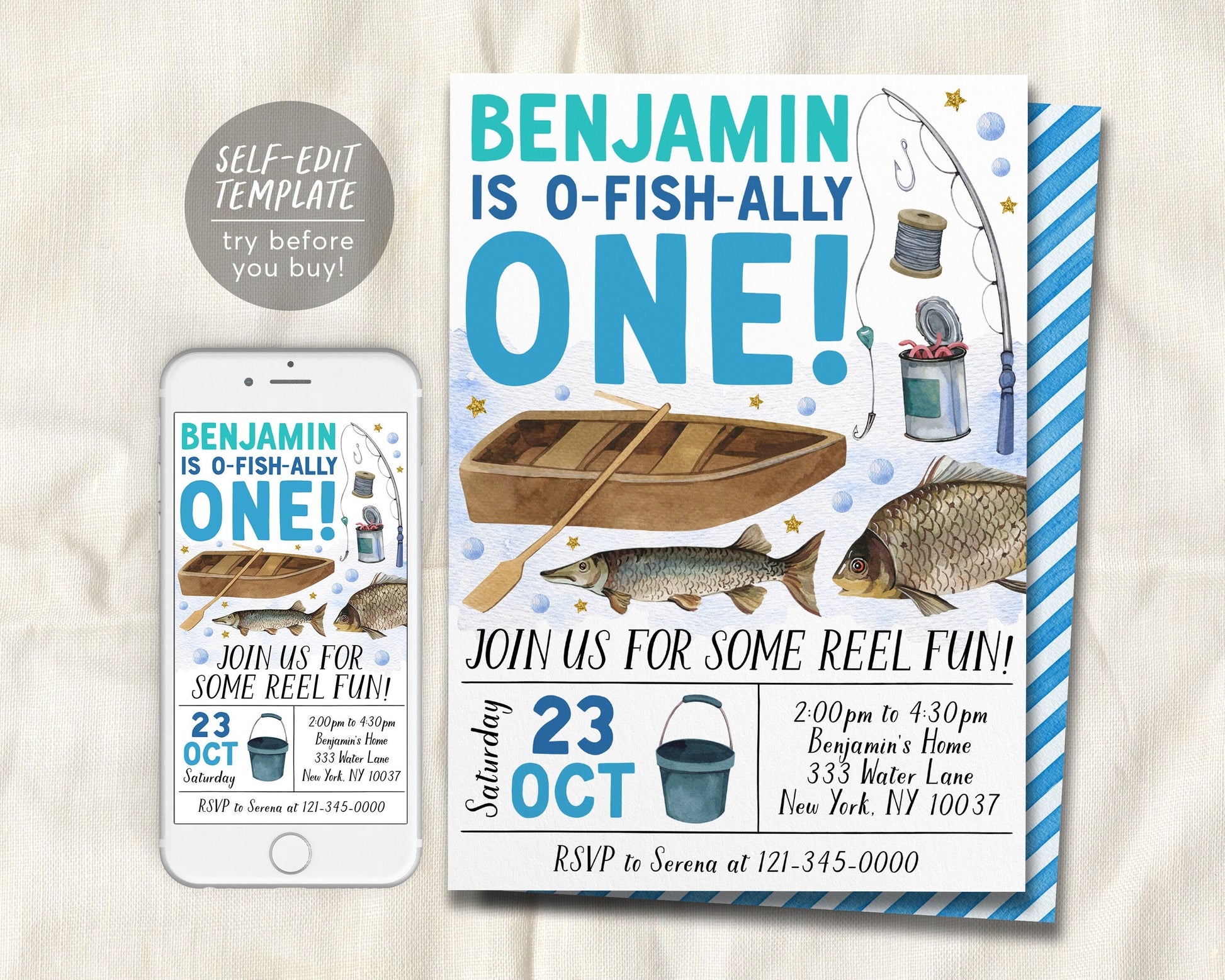 Fishing First Birthday Invitation Editable Template