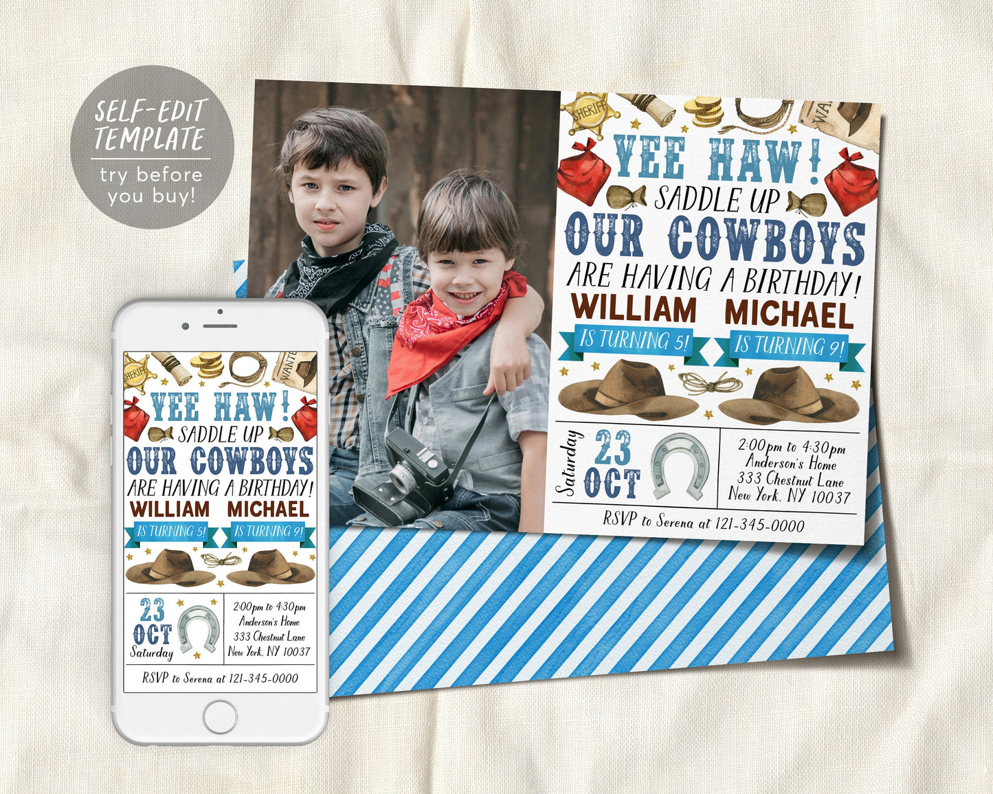 Rodeo Cowboys Joint Siblings Birthday Invitation With Photo Editable Template