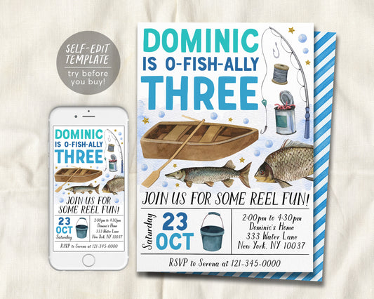 Fishing 3rd Birthday Invitation Editable Template